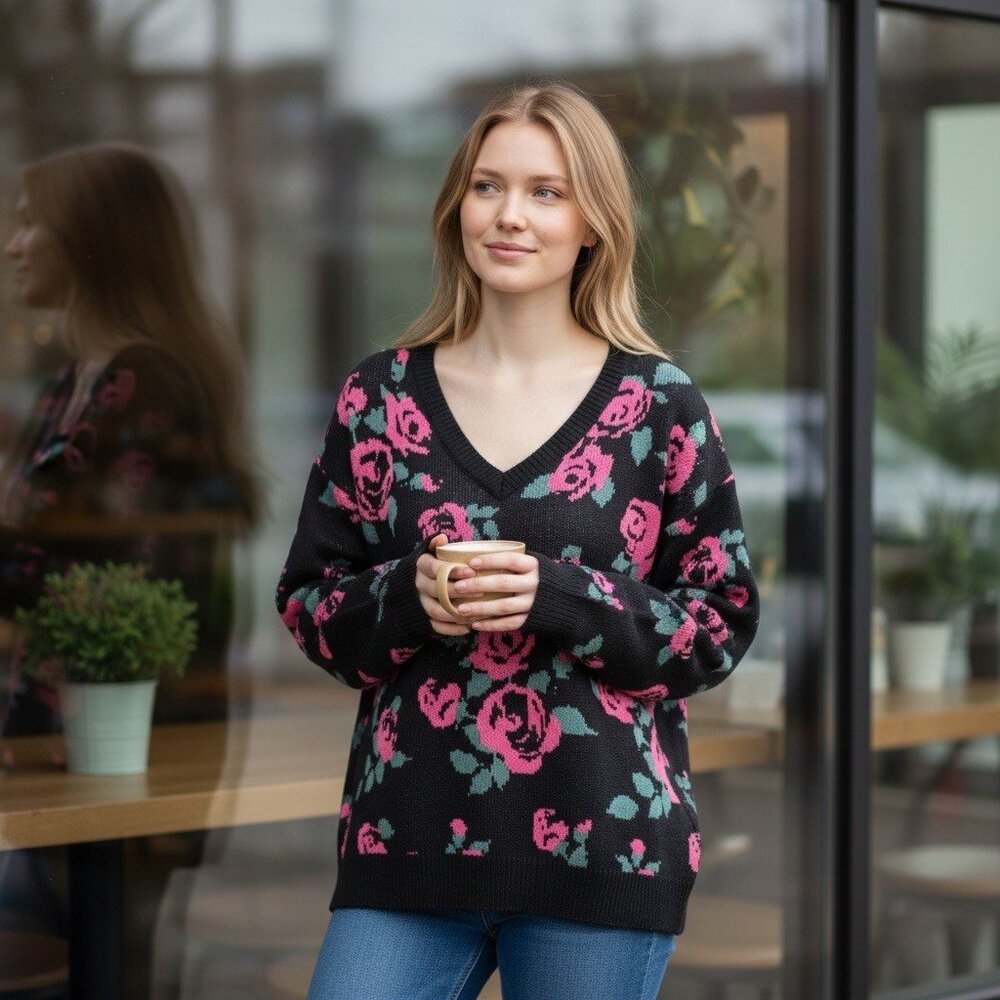 LuLaRoe Britney Sweater Women Small Black Pink Rose Knit V-Neck Pullover Acrylic